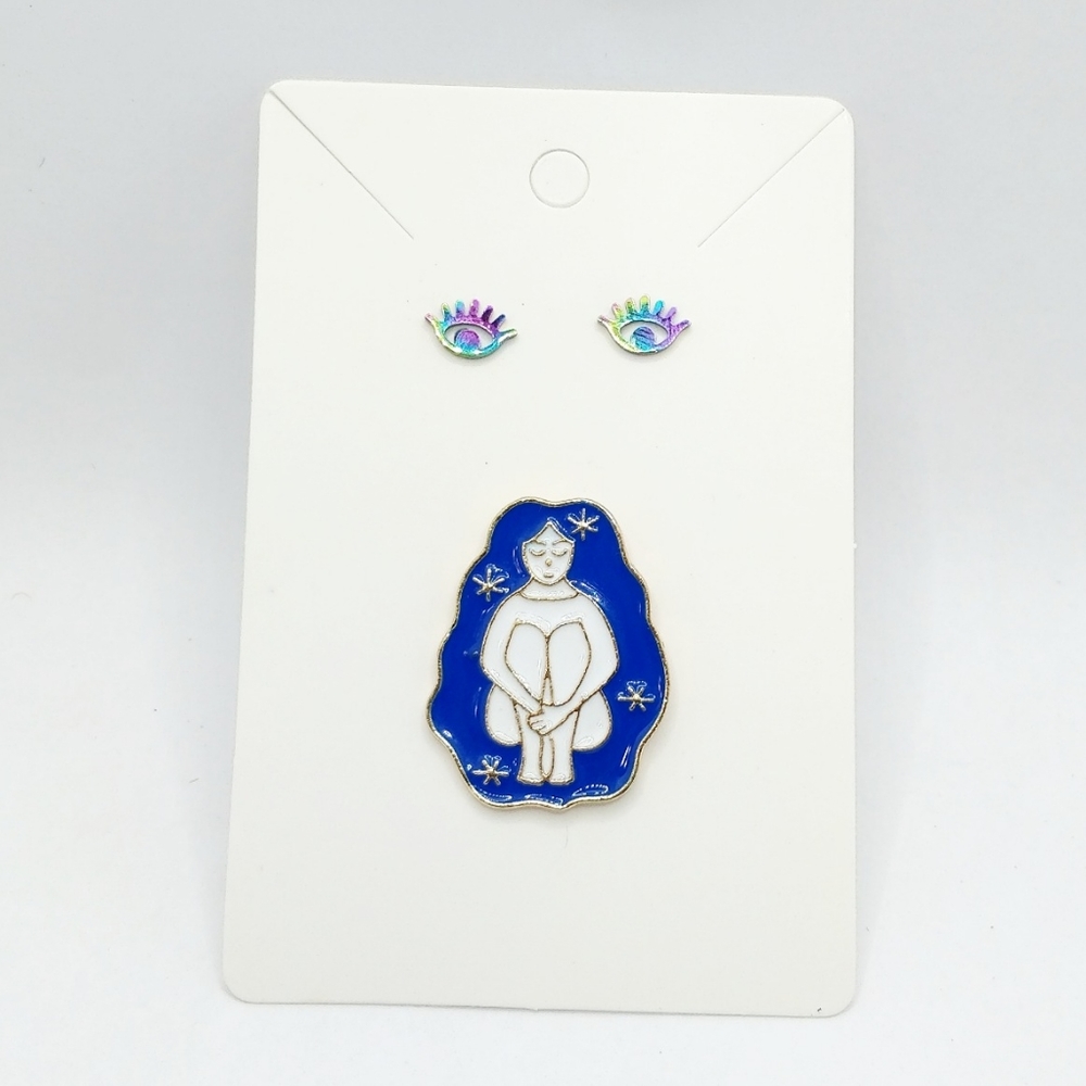 NEW Evil Eye & Woman Enamel Pin & Earrings Set
